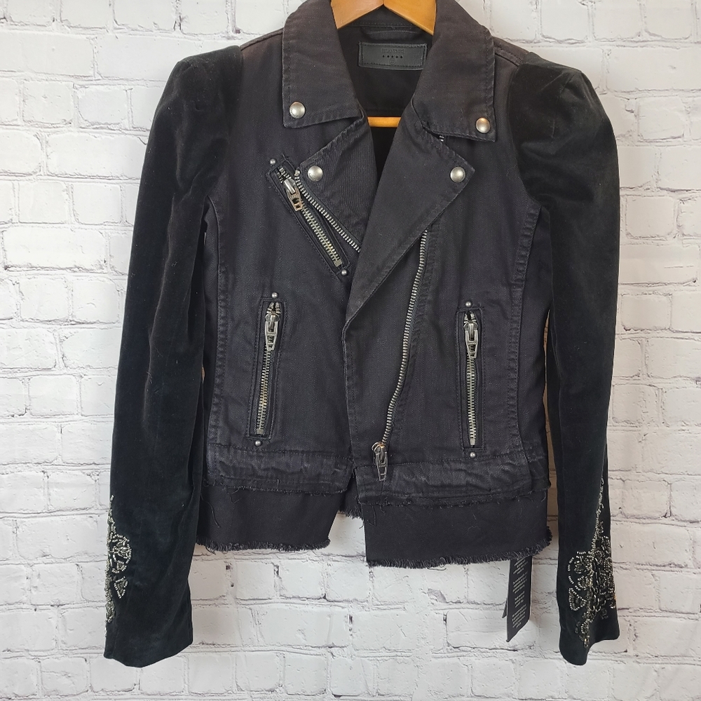 BLANK NYC Denim Mix Moto Jacket in Night Li…